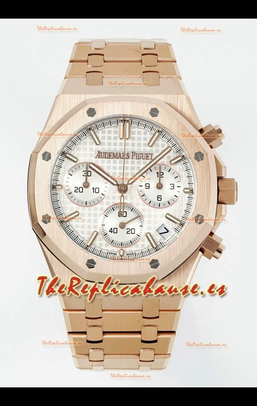 Reloj Royal Oak Chrono 26240 con correa de oro rosa y esfera blanca, réplica de alta calidad