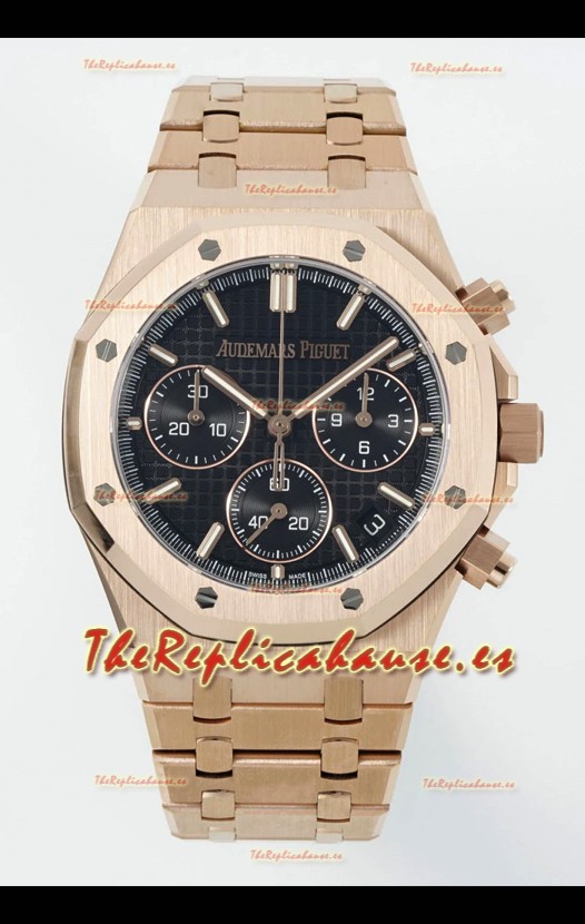 Reloj Royal Oak Chrono 26240 con correa de oro rosa y esfera negra, réplica de alta calidad