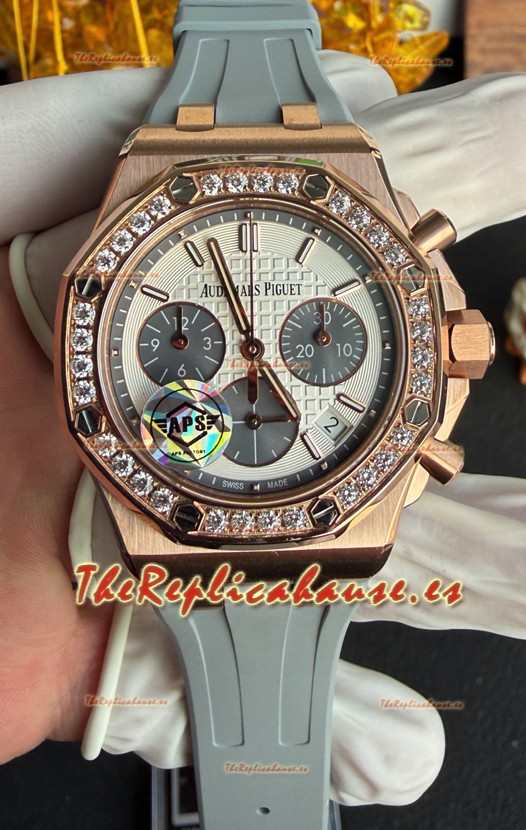 Reloj Royal Oak Chrono 26231 con caja de oro rosa y correa de caucho, réplica de alta calidad