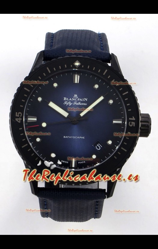 Reloj Blancpain Fifty Fathoms Superclon con caja de cerámica, correa de cuero y esfera azul