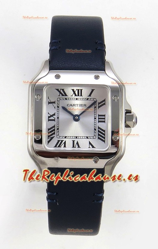 Reloj Cartier Santos Swiss Quartz de 27 mm con correa de acero y cuero, réplica exacta de un reloj de lujo