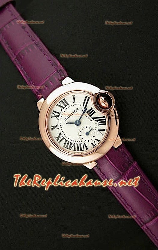 Ballon De Cartier Reloj para Señoras en Oro Rosa con Correa de Piel Negra 