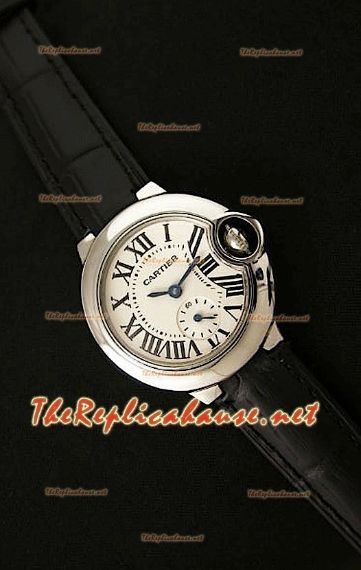 Ballon De Cartier Reloj para Señoras de Acero Inoxidable con Correa de Piel Negra 