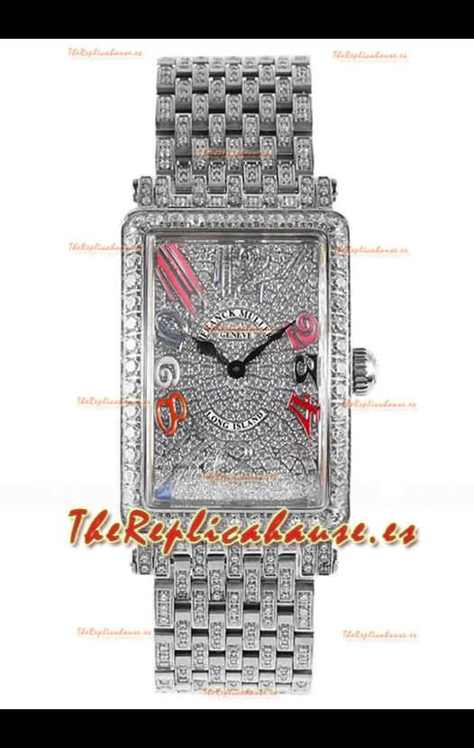 Reloj réplica suizo Franck Muller Long Island Color Dreams de acero inoxidable con diamantes