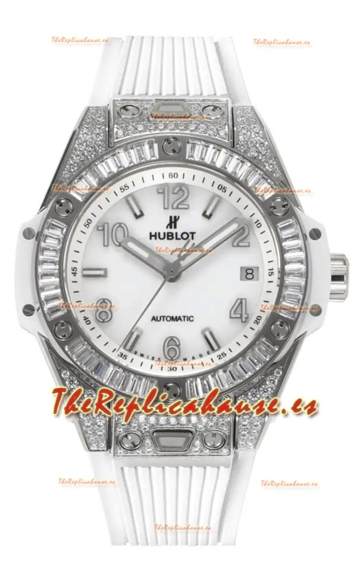 Reloj Hublot Big Bang One Click con moissanita, caja engastada, superclon y esfera blanca
