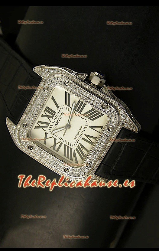 Cartier Santos 100, Réplica en escala 1:1, Reloj de Hombre en Acero con Diamantes, tamaño 42MM