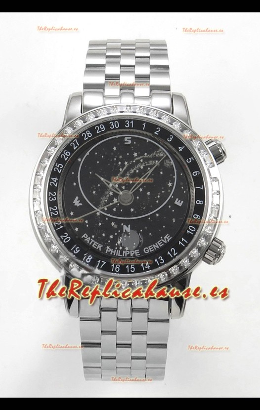 Reloj Patek Philippe Grand Complications 6102 con esfera negra y correa de acero, réplica de alta calidad