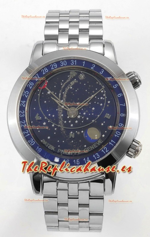 Reloj Patek Philippe Grand Complications 6102 con esfera azul y correa de acero, réplica de alta calidad
