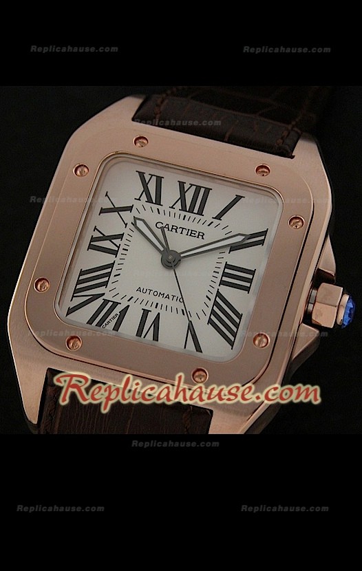 Cartier Santos 100 Reproducción Reloj Suizo de Oro Rosa - Esfera Blanca