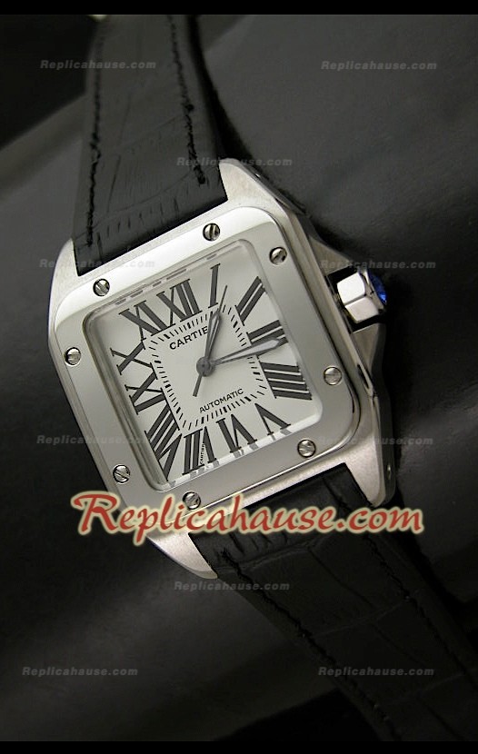 Cartier Santos 100 Reloj Suizo Automático para Mujeres en Piel Negra - 33MM