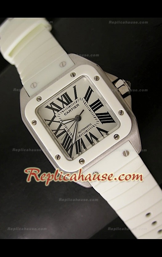 Cartier Santos 100 Reloj Automático Suizo para Señoras en Blanco - 33MM