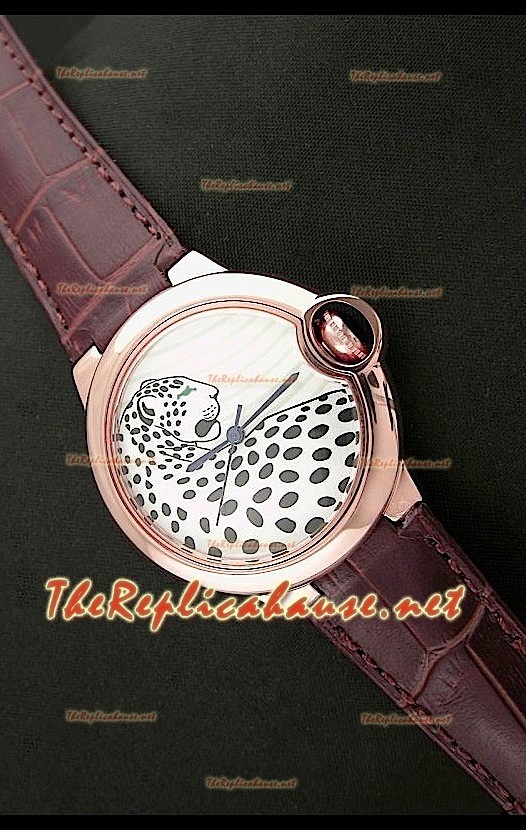 Ballon De Cartier Reloj en Oro Rosa con Esfera de Leopardo con Correa Marrón 
