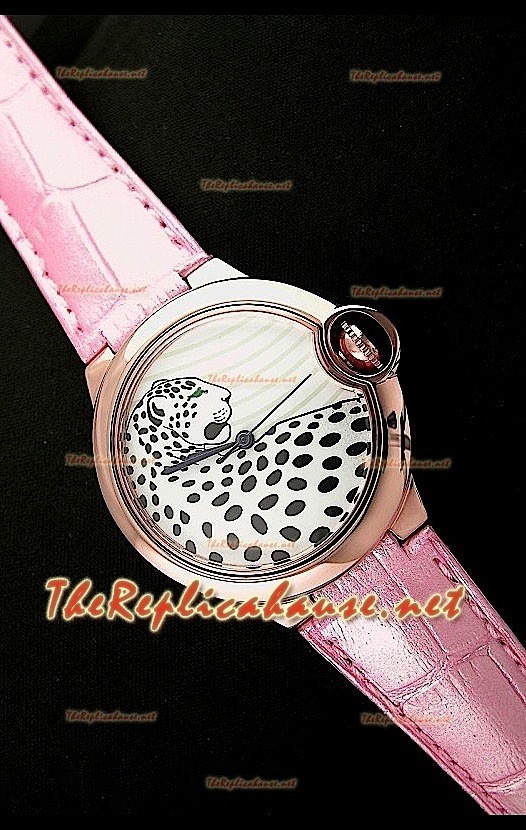 Ballon De Cartier Reloj de Oro Rosa con Esfera de Leopardo y Correa Rosa 