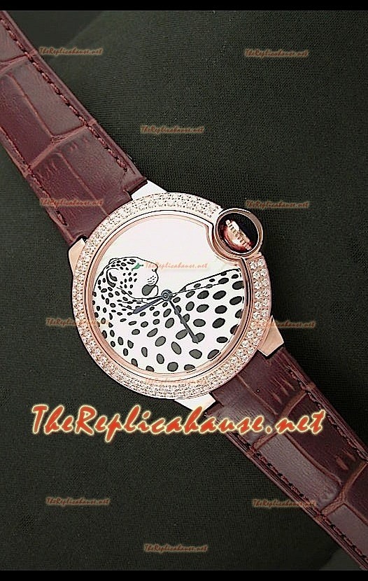 Ballon De Cartier Reloj de Oro Rosa con Esfera de Leopardo y Correa Marrón 