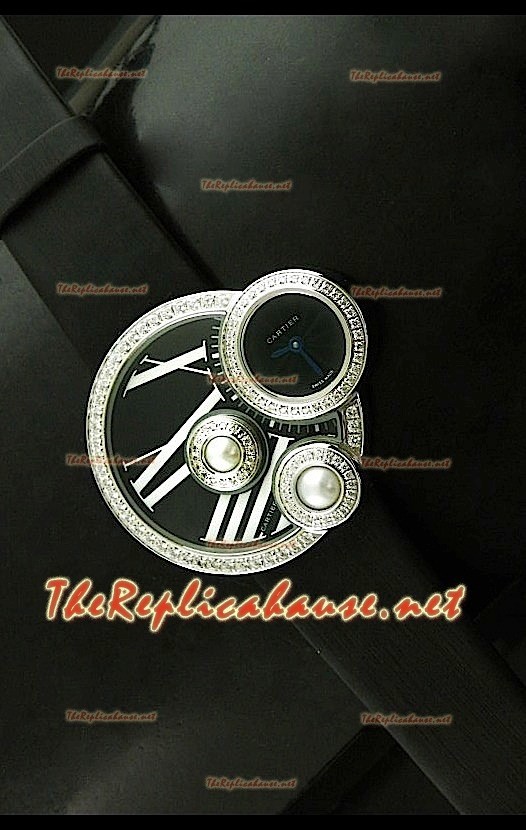 Perles de Cartier Reloj Suizo para Señoras en Acero Inoxidable y Esfera de color Negro