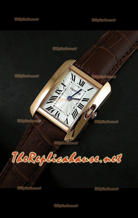 Cartier Tank Française para damas malla marrón oscuro con estuche dorado.