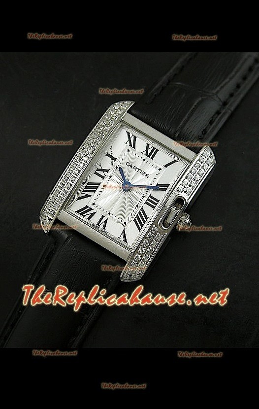 Cartier Tank Française para damas malla bisel de diamantes estuche de acero.