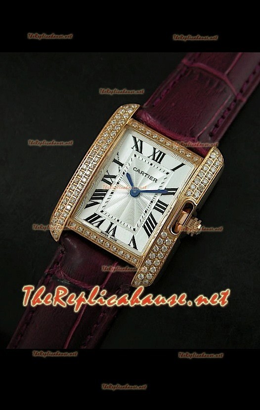 Cartier Tank Française para damas malla bisel de diamantes estuche dorado.