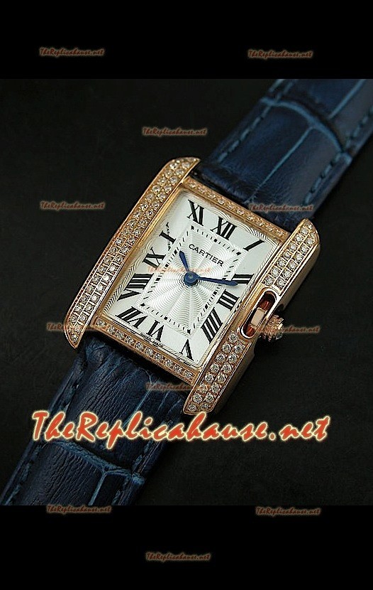 Cartier Tank Française para damas malla bisel de diamantes estuche dorado.