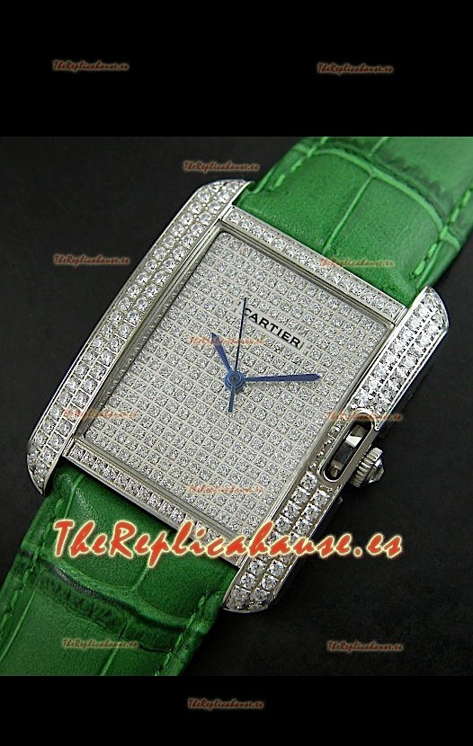 Cartier Tank Anglaise para damas Réplica Cascasa de acero/Malla verde