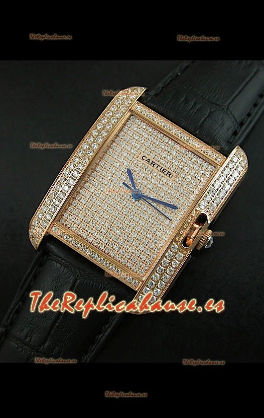 Cartier Tank Anglaise para damas Réplica Cascasa de oro/Malla negra