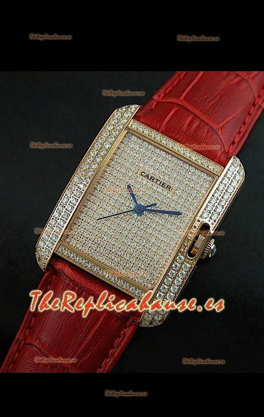 Cartier Tank Anglaise para damas Réplica Cascasa de oro/Malla roja