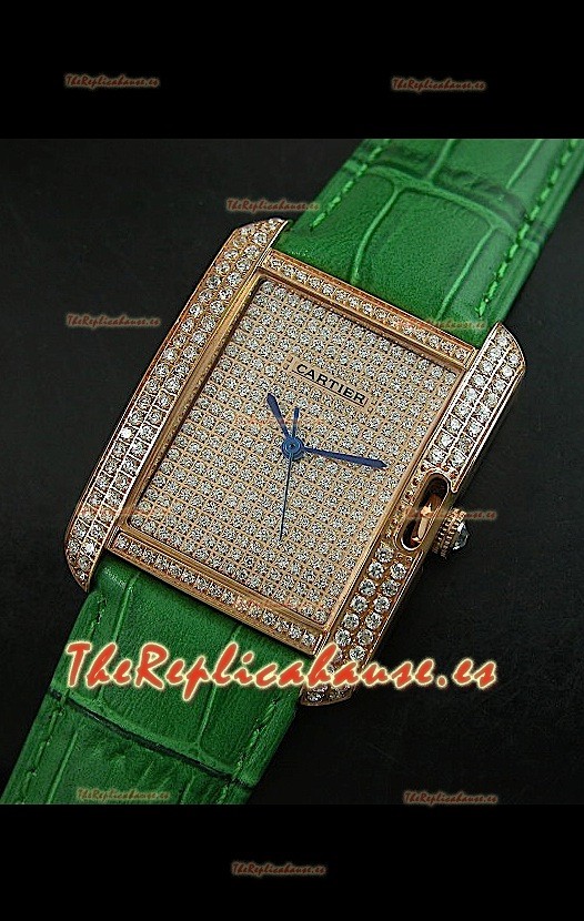 Cartier Tank Anglaise para damas Réplica Cascasa de oro/Malla verde 