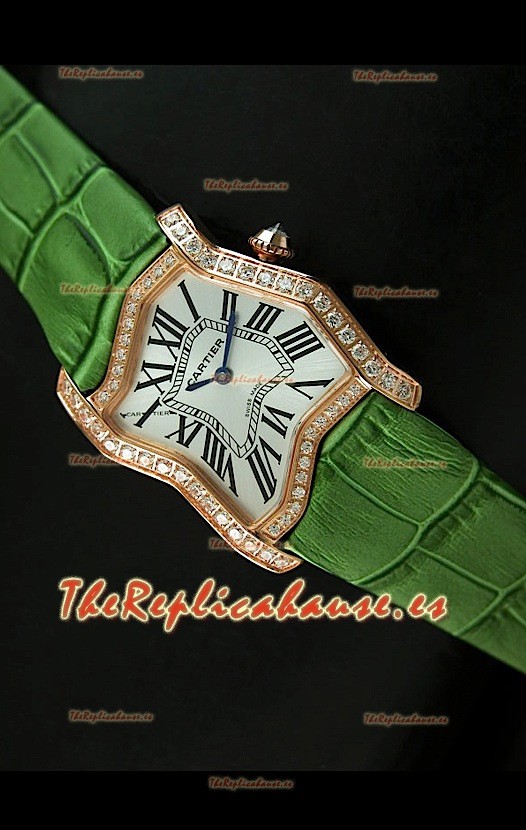 Cartier Tank Folle para damas Réplica Carcasa de oro amarillo Malla verde 
