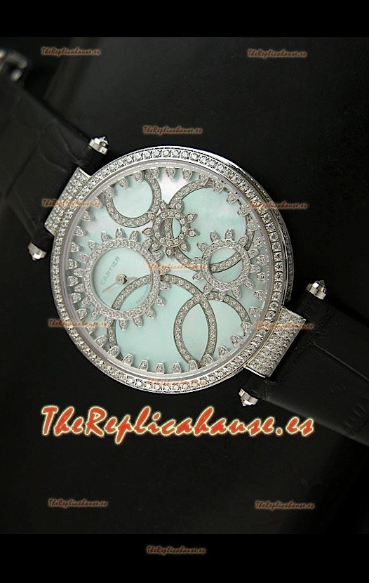 Cartier Réplica Bisel de diamantes Carcasa de acero inoxidable/Malla negra 