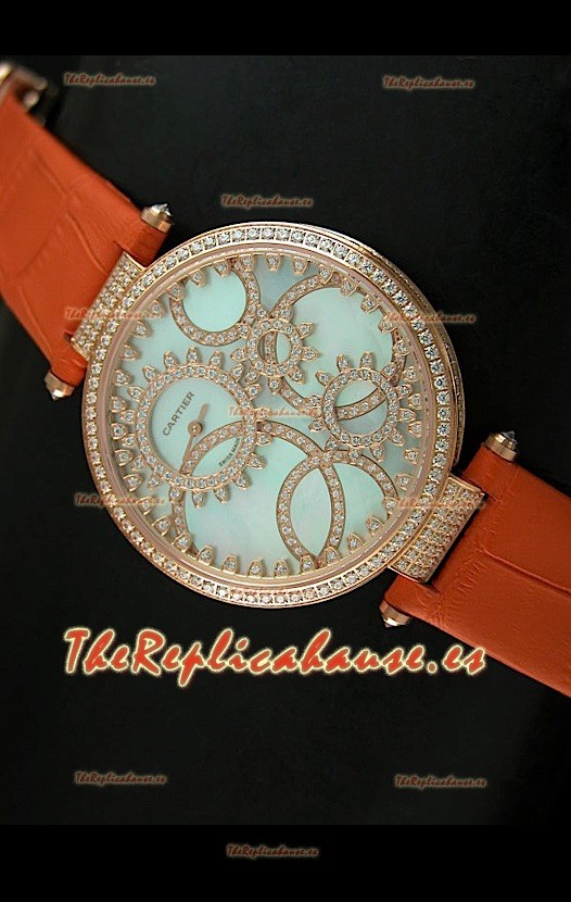 Cartier Réplica Bisel de diamantes Carcasa de oro/Malla naranja 