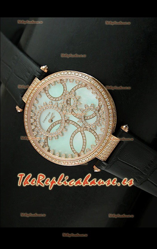 Cartier Réplica Bisel de diamantes Carcasa de oro/Malla negra 