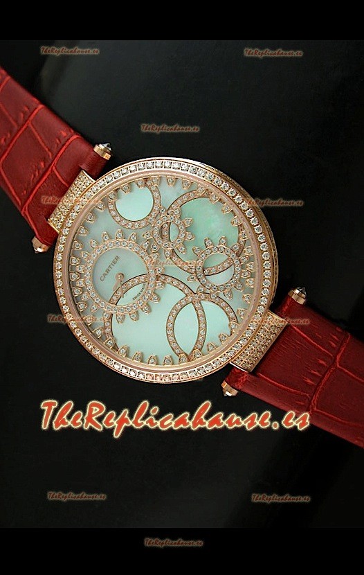Cartier Réplica Bisel de diamantes Carcasa de oro/Malla marrón 
