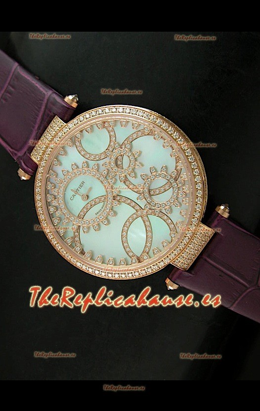 Cartier Réplica Bisel de diamantes Carcasa de oro/Malla castaña 
