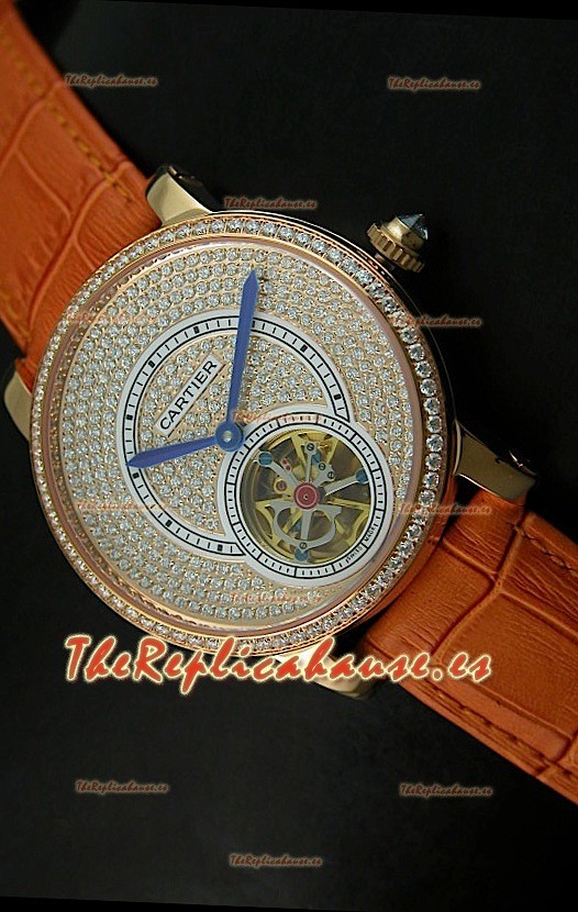 Ronde De Cartier Turbillón Réplica Carcasa de oro rosado/Malla marrón 