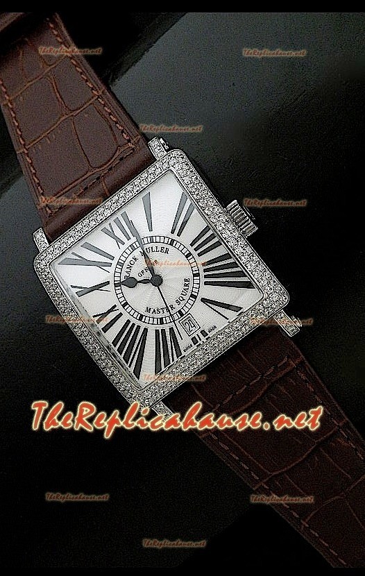 Franck Muller Master Square Reloj en Correa Marrón Oscuro y Esfera Blanca