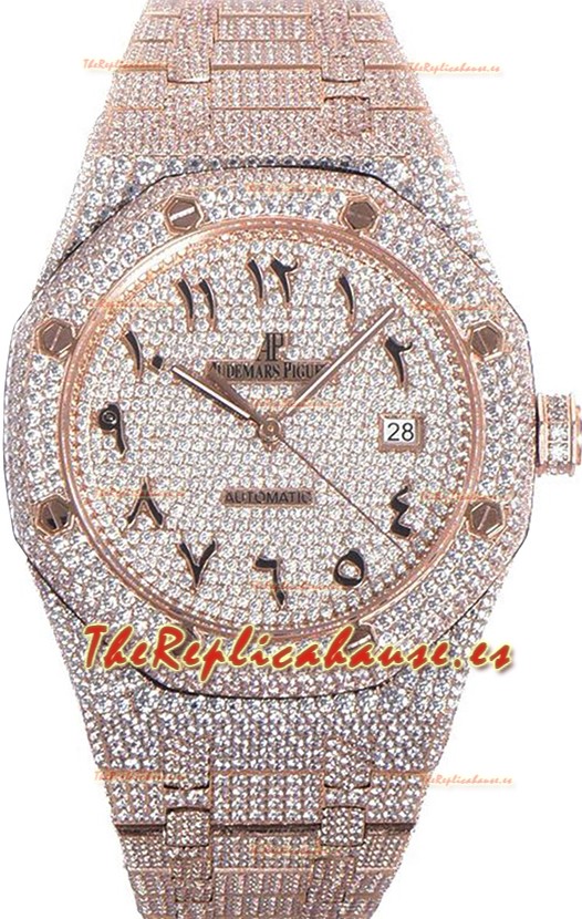 Audemars Piguet Royal Oak 15400 Iced Out Dial Arábico en Caja de Oro Rosa Reloj Réplica Suiza 