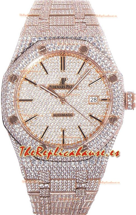 Audemars Piguet Royal Oak 15400 Iced Out Dial Marcadores tipo Stick Caja en Oro Rosado Reloj Réplica Suiza