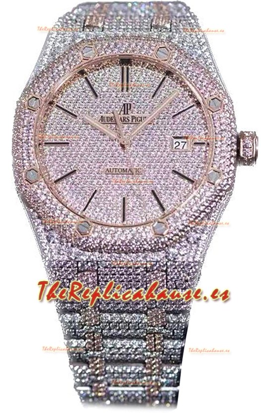 Audemars Piguet Royal Oak 15400 Iced Out Dial Marcadores tipo Stick Caja en Oro Rosado Dos Tonos Reloj Réplica Suiza