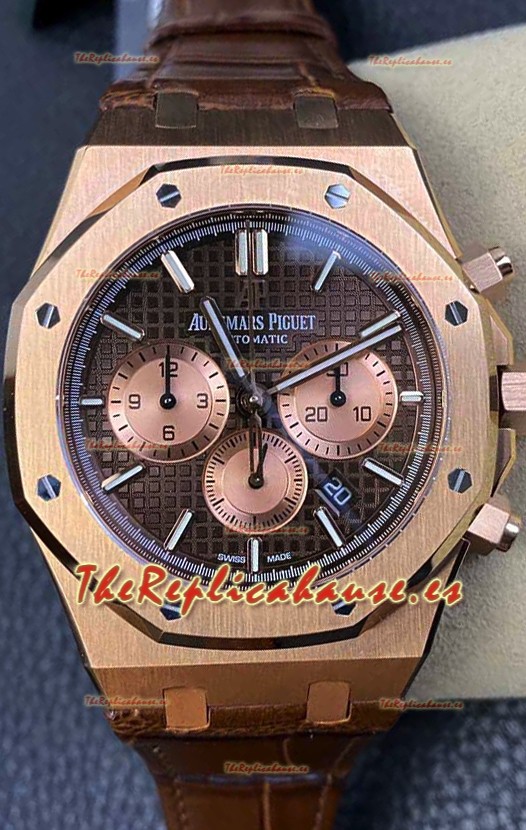 Audemars Piguet Royal Oak Chronograph Oro Rosado Dial Marrón Correa Piel Reloj Réplica Suiza