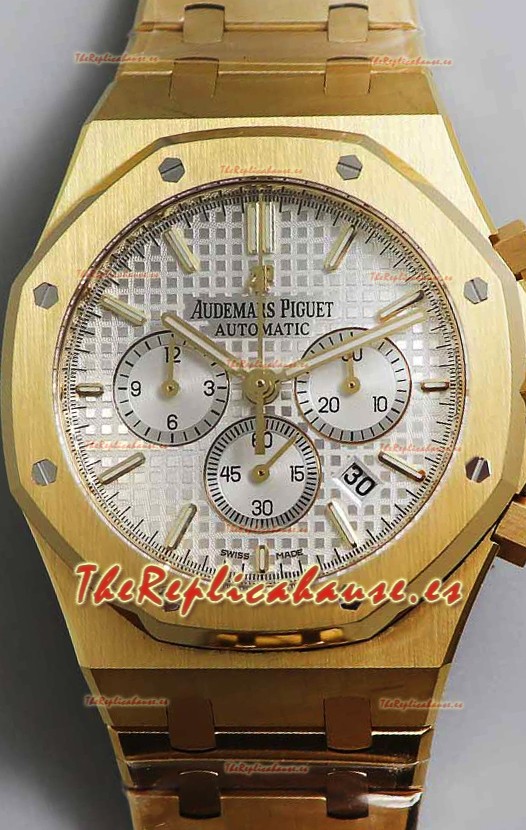 Audemars Piguet Royal Oak Chronograph Oro Amarillo Dial Blanco Correa Acero Reloj Réplica Suiza
