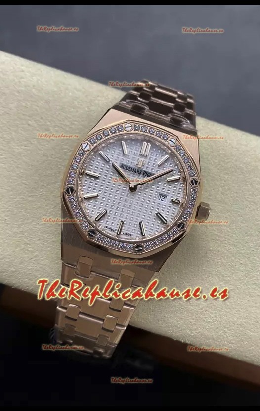 Audemars Piguet Royal Oak 33MM Acero 904L Oro Rosado Dial Blanco Reloj Réplica Espejo 1:1