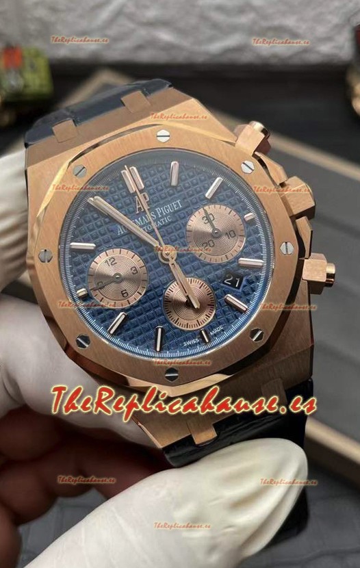 Audemars Piguet Royal Oak Chronograph Oro Rosado Dial Azul Correa Piel Reloj Réplica Suiza