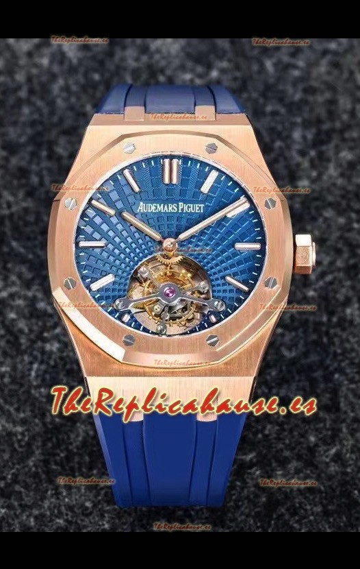 Audemars Piguet Royal Oak Tourbillon Dial Azul 41mm en Caja Acero 904L chapado en Oro Rosado Correa de Goma Ultima Réplica 1:1