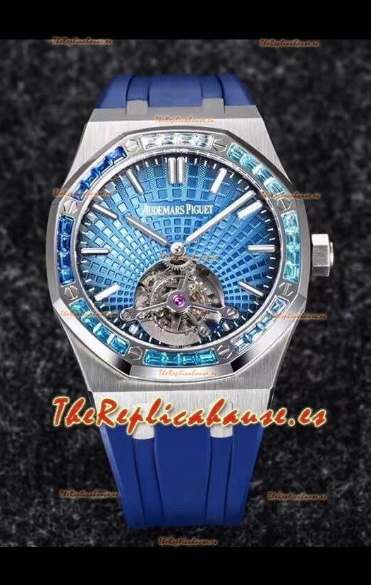Audemars Piguet Royal Oak Tourbillon 41mm en Caja 904L - Dial Azul tipo Tapisserie Bisel en Diamantes Réplica última 1:1