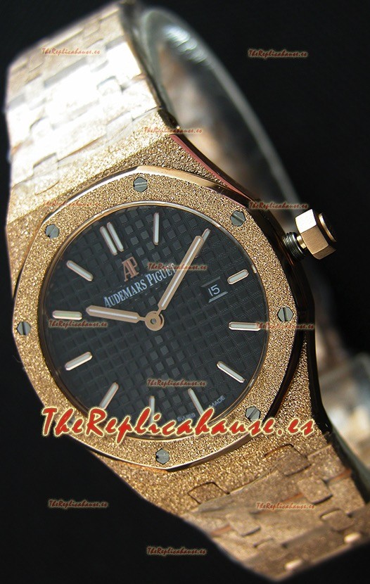 Audemars Piguet Royal Oak Frosted Réplica 1:1 de Cuarzo Suizo en Oro Rosado y Dial Negro 33MM