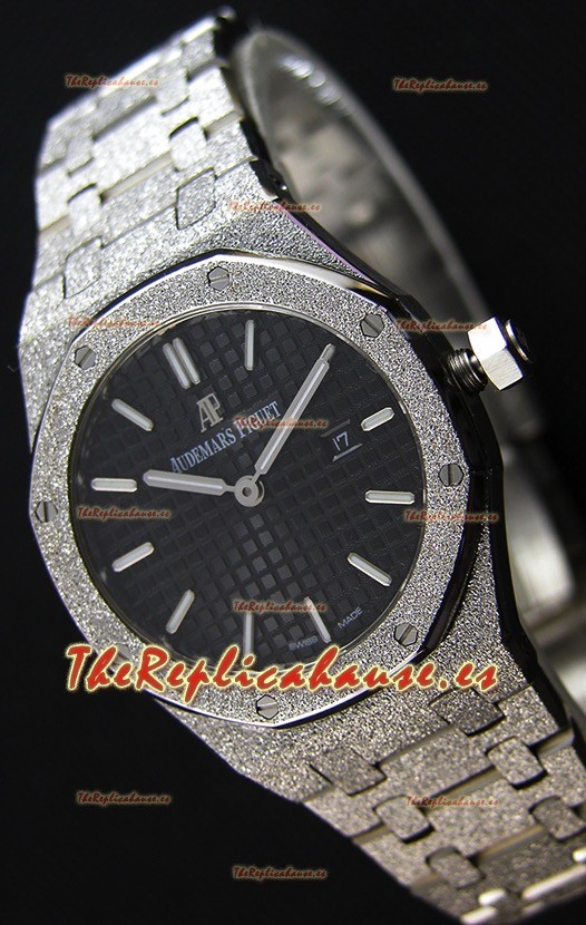 Audemars Piguet Royal Oak Frosted Réplica 1:1 de Cuarzo Suizo en Oro Blanco y Dial Negro 33MM 