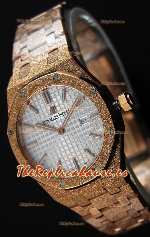 Audemars Piguet Royal Oak Frosted Réplica 1:1 de Cuarzo Suizo en Oro Rosado y Dial Blanco 33MM