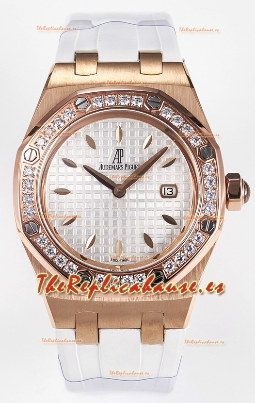 Audemars Piguet Royal Oak 33MM Oro Rosado Cuarzo Suizo Dial Blanco Reloj Réplica
