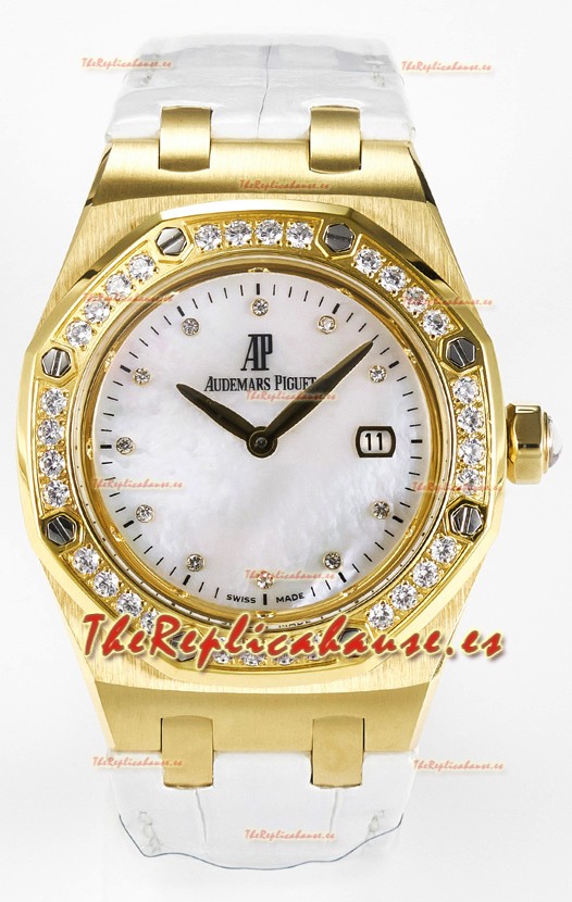 Audemars Piguet Royal Oak 33MM Oro Rosado Cuarzo Suizo Dial Perla Reloj Réplica