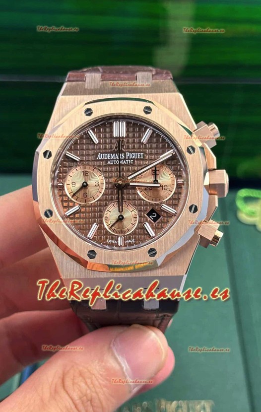 Audemars Piguet Royal Oak Chronograph Oro Rosado Dial Marrón Correa Piel Reloj Réplica Suizo